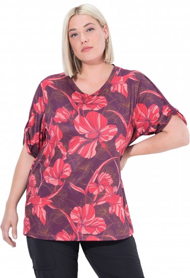 Ulla Popken Quick Drying Flower Print Short Sleeve Tee Dark Cherry - T-shirt stampate da donna - 