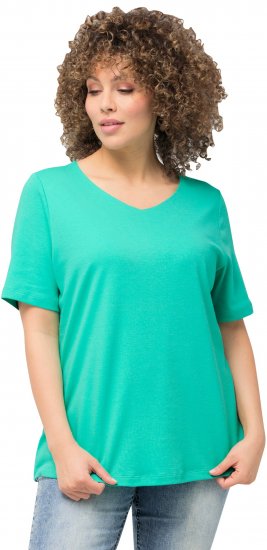 Ulla Popken Double Layer Rounded V-Neck Slim Fit Tee Turquioise Green - T-shirt - 