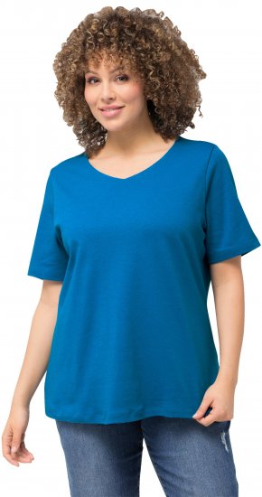 Ulla Popken Double Layer Rounded V-Neck Slim Fit Tee Medium Blue - T-shirt - 