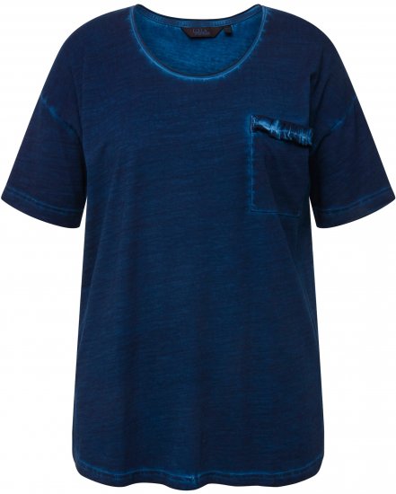 Ulla Popken Cold Dye Ruffle Edge Pocket Tee Dark Blue - T-shirt - 