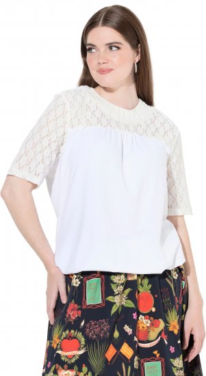 Ulla Popken Lace Yoke Short Sleeve T-Shirt Snow White - T-shirt - 