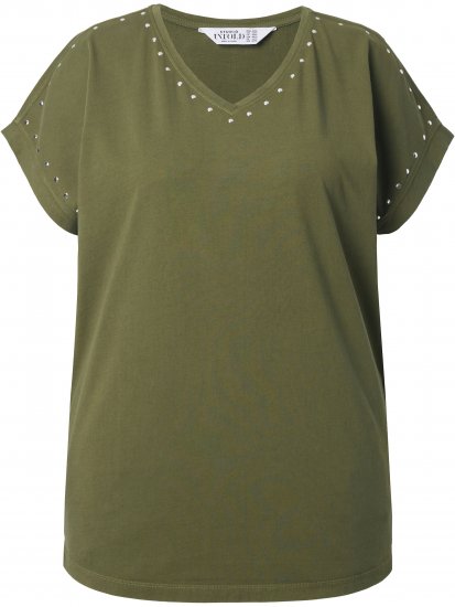 Ulla Popken Oversized studded Acid-washed V-Neck T-shirt Palm Green - T-shirt - 