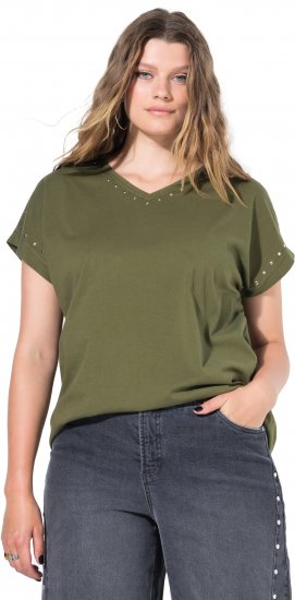 Ulla Popken Oversized studded Acid-washed V-Neck T-shirt Palm Green - T-shirt - 