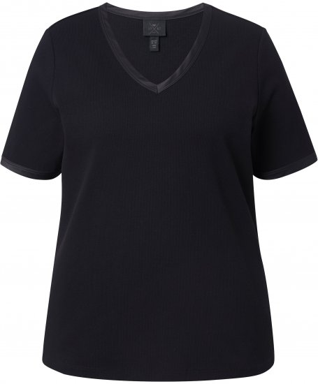 Ulla Popken Satin Trimmed Ribbed Jersey Short Sleeve T-Shirt Black - T-shirt - 