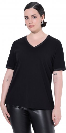 Ulla Popken Satin Trimmed Ribbed Jersey Short Sleeve T-Shirt Black - T-shirt - 