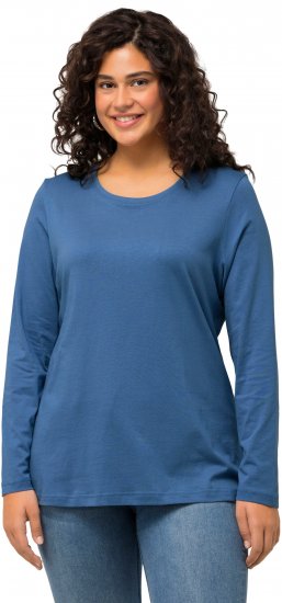 Ulla Popken Basic Round Neck Long Sleeve Slim Fit Cotton Tee Blue Denim - T-shirt - 