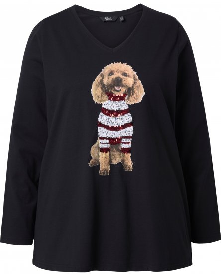 Ulla Popken Sequined Puppy Long Sleeve Graphic Tee Black - T-shirt stampate da donna - 
