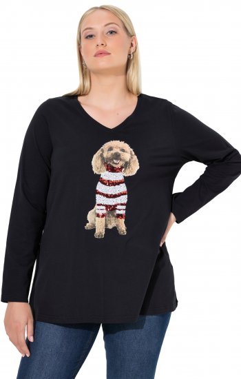 Ulla Popken Sequined Puppy Long Sleeve Graphic Tee Black - T-shirt stampate da donna - 