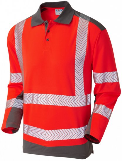 Leo Wringcliff Coolviz Plus L/S Polo Hi-Vis Red/Grey - Abbigliamento da lavoro - Abbigliamento da Lavoro Taglie Forti Uomo