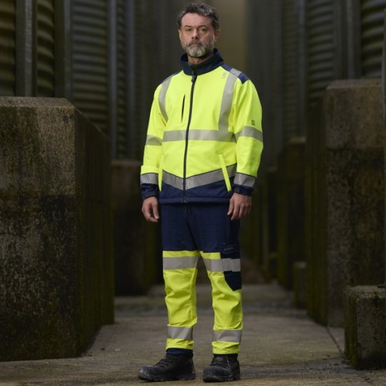 Leo Bowden Ecoviz Softshell Jacket Hi-Vis Yellow/Navy Print - Abbigliamento da lavoro - Abbigliamento da Lavoro Taglie Forti Uomo