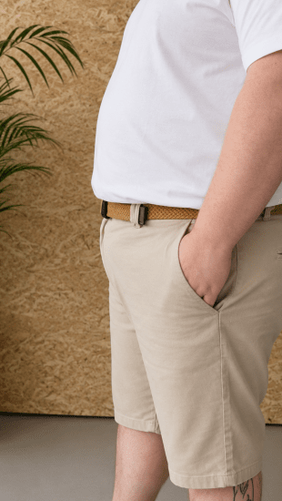 Kam Jeans 3402 Belted Dobby Weave Stretch Chino Shorts Beige - Shorts - Pantaloncini Uomo Taglie Forti